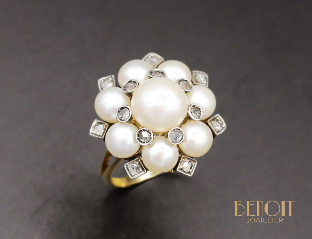 Bague Fleur Perles et Diamants