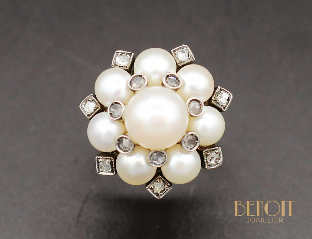 Bague Fleur Perles et Diamants - Image 2