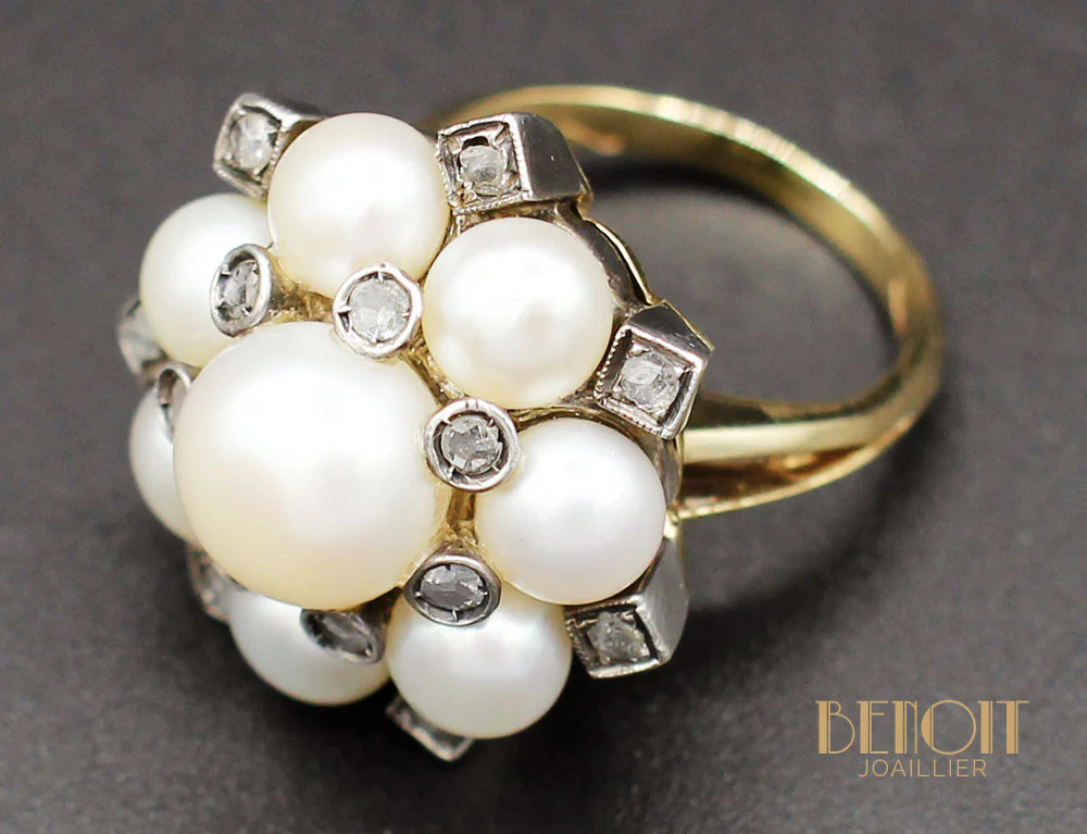 Bague Fleur Perles et Diamants - Image 4