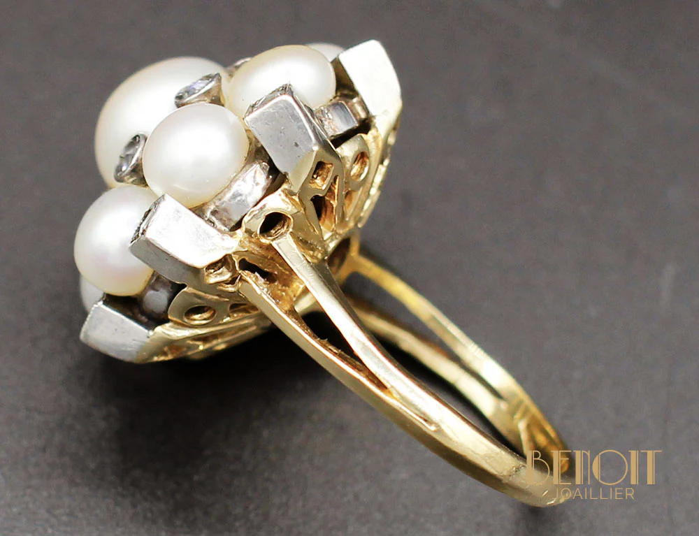 Bague Fleur Perles et Diamants - Image 6