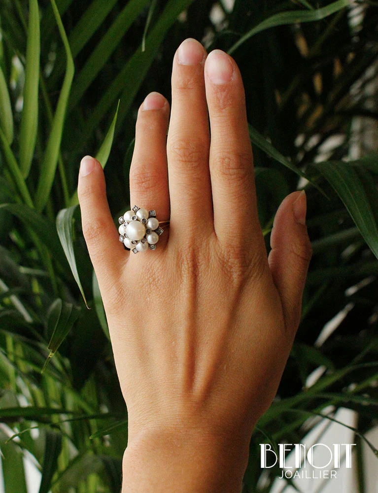 Bague Fleur Perles et Diamants - Image 7