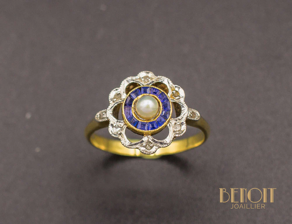 Bague Fleur Saphirs et Perle Fine - Image 2