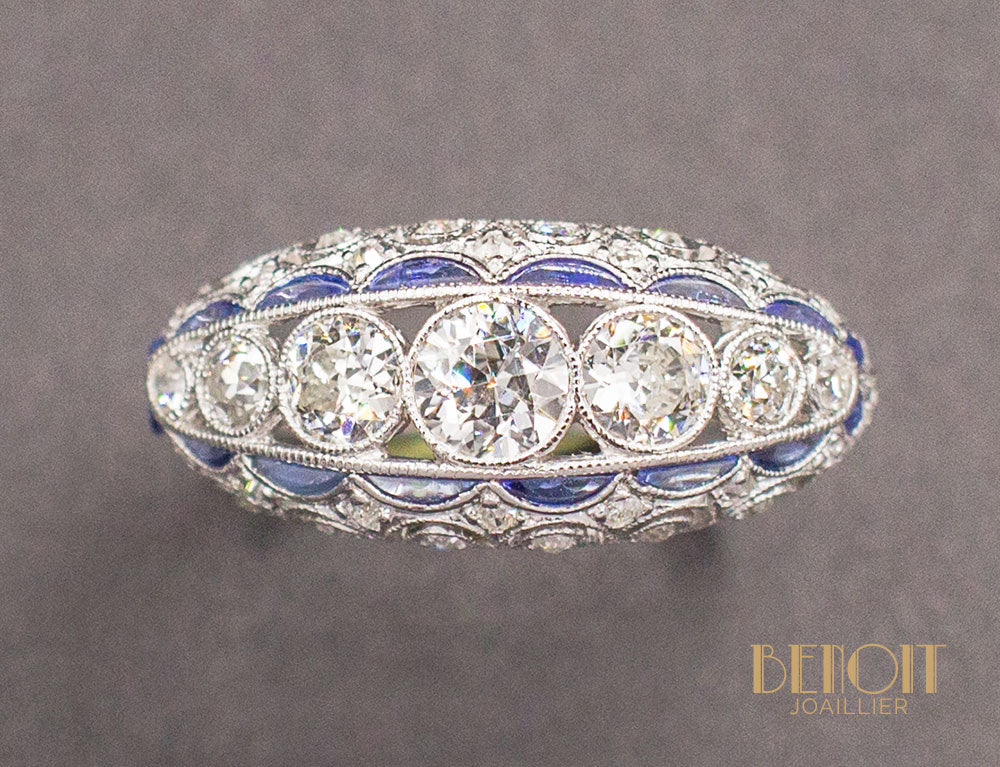 Bague Jarretière Art Déco Diamants Saphirs - Image 3