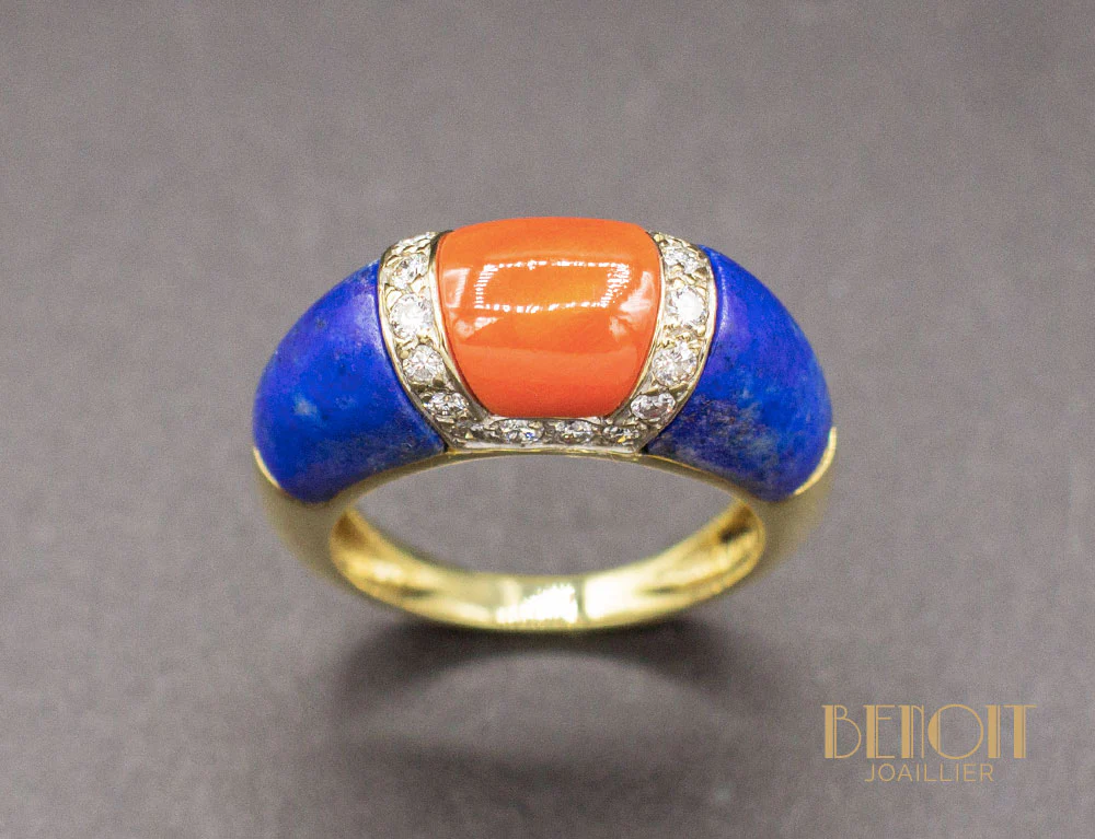 Bague Jonc Diamants Corail et Lapis Lazuli - Image 2