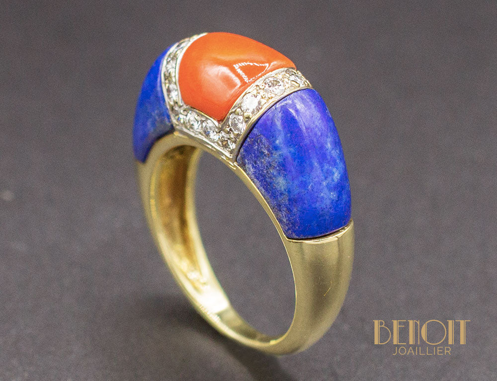 Bague Jonc Diamants Corail et Lapis Lazuli - Image 4