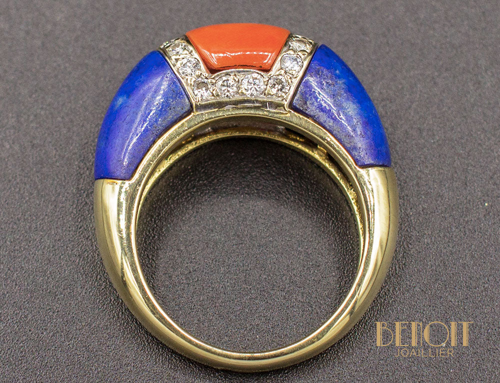 Bague Jonc Diamants Corail et Lapis Lazuli - Image 5