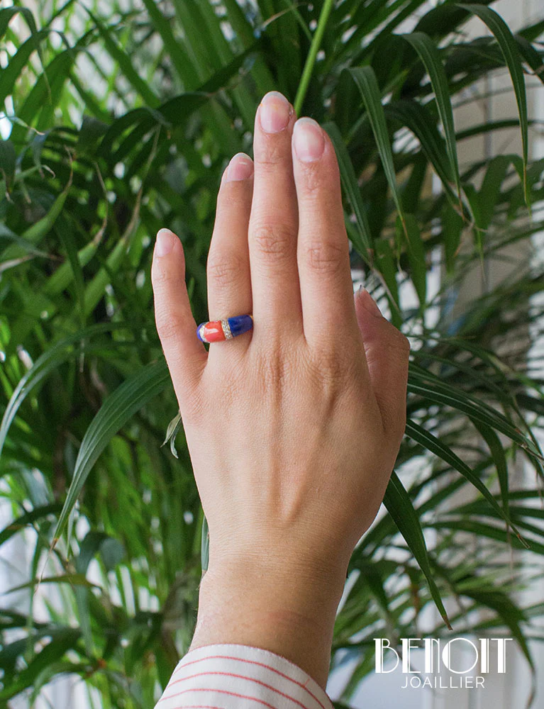 Bague Jonc Diamants Corail et Lapis Lazuli - Image 7