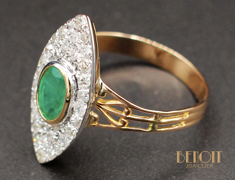 Bague Marquise Emeraude Diamants - Image 4