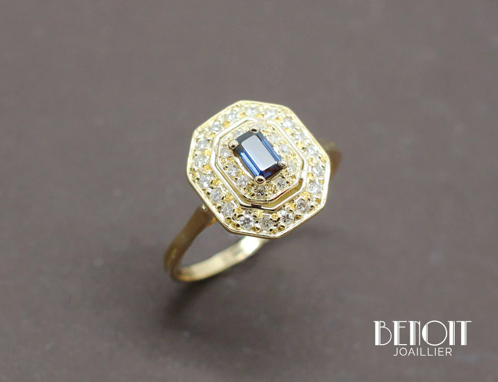 Bague Octogonale Saphir Diamants