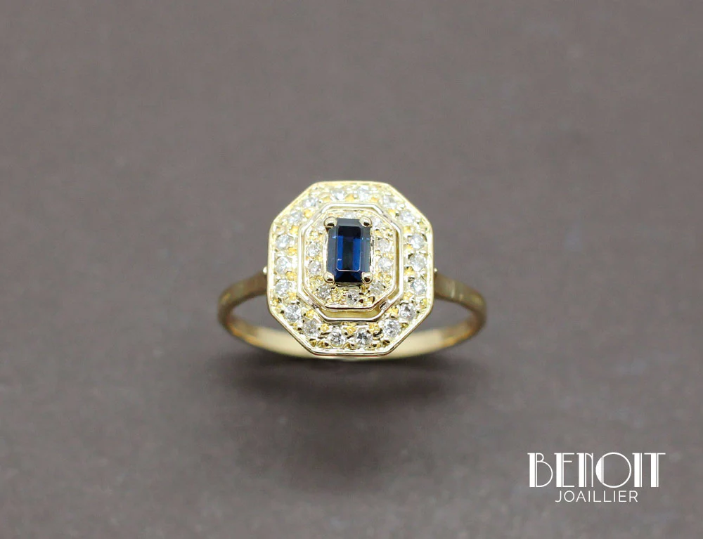 Bague Octogonale Saphir Diamants - Image 2