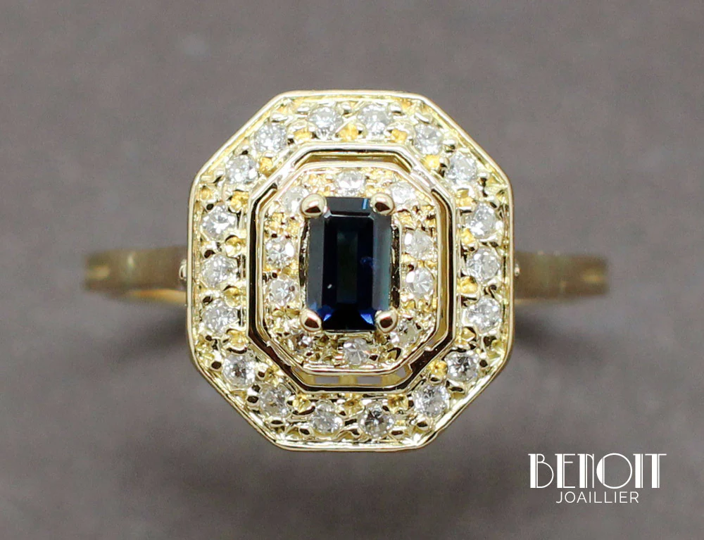 Bague Octogonale Saphir Diamants - Image 3