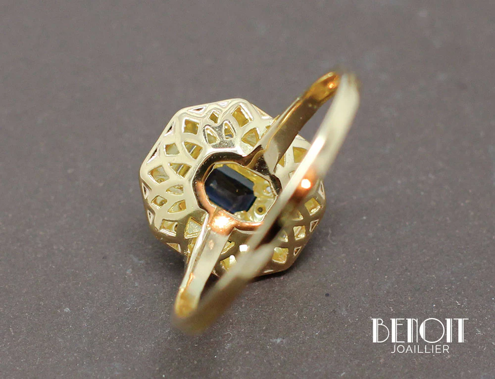 Bague Octogonale Saphir Diamants - Image 6