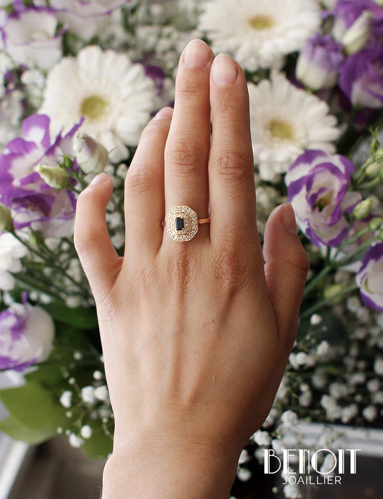 Bague Octogonale Saphir Diamants - Image 7