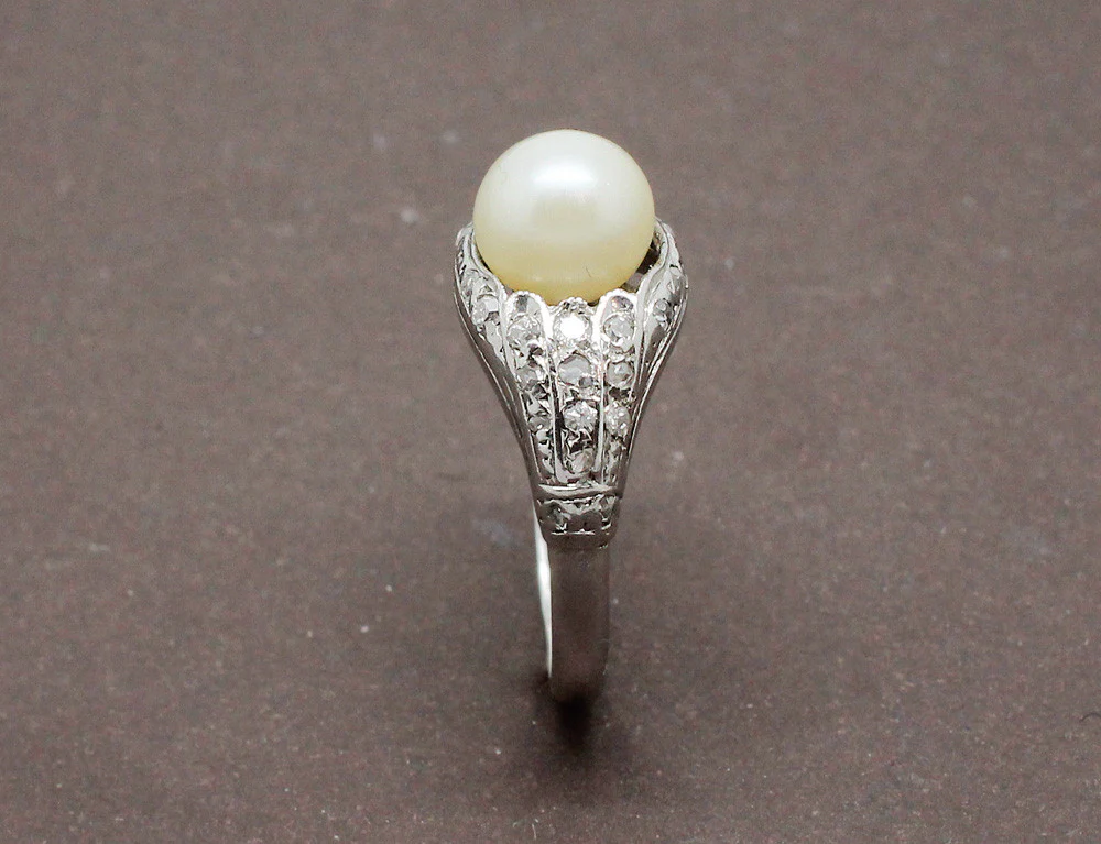 Bague Art Deco Perle et Diamants Or Blanc - Image 5