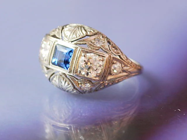 Bague platine diamants saphir 1930 - Image 2