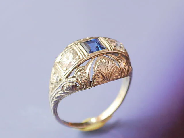 Bague platine diamants saphir 1930 - Image 4