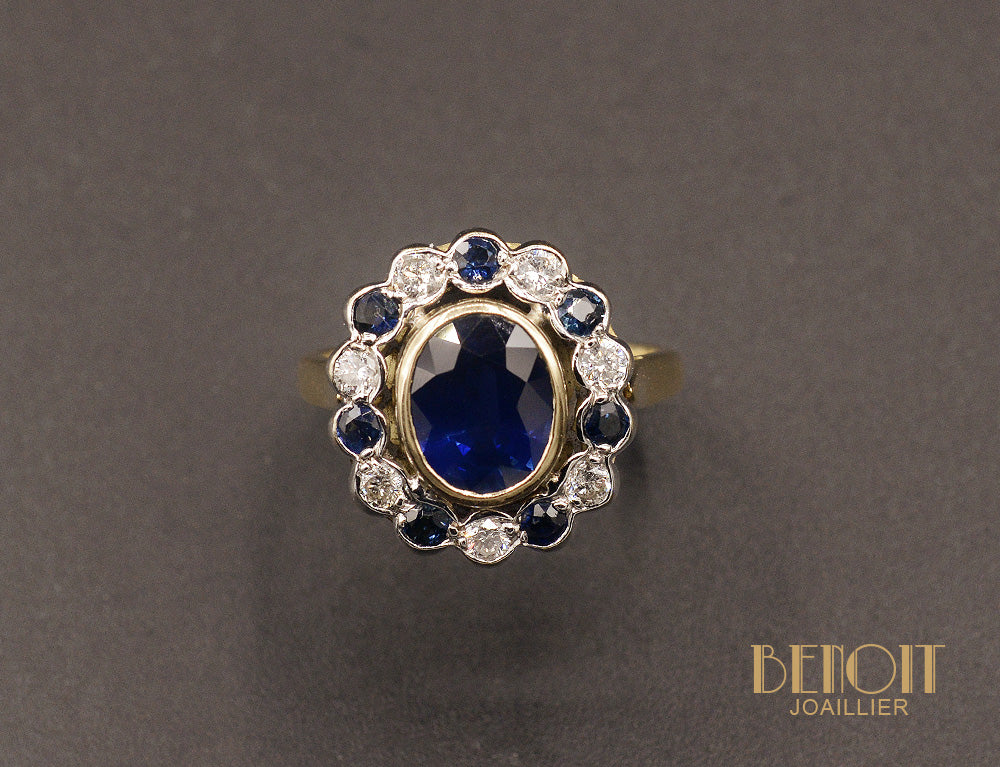 Bague pompadour saphir entourage alterné - Image 2