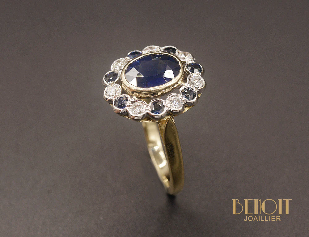 Bague pompadour saphir entourage alterné - Image 3