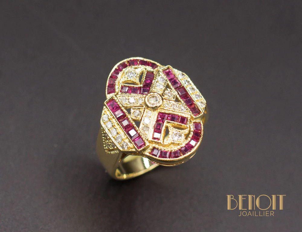 Bague Style Art Déco Rubis Diamants