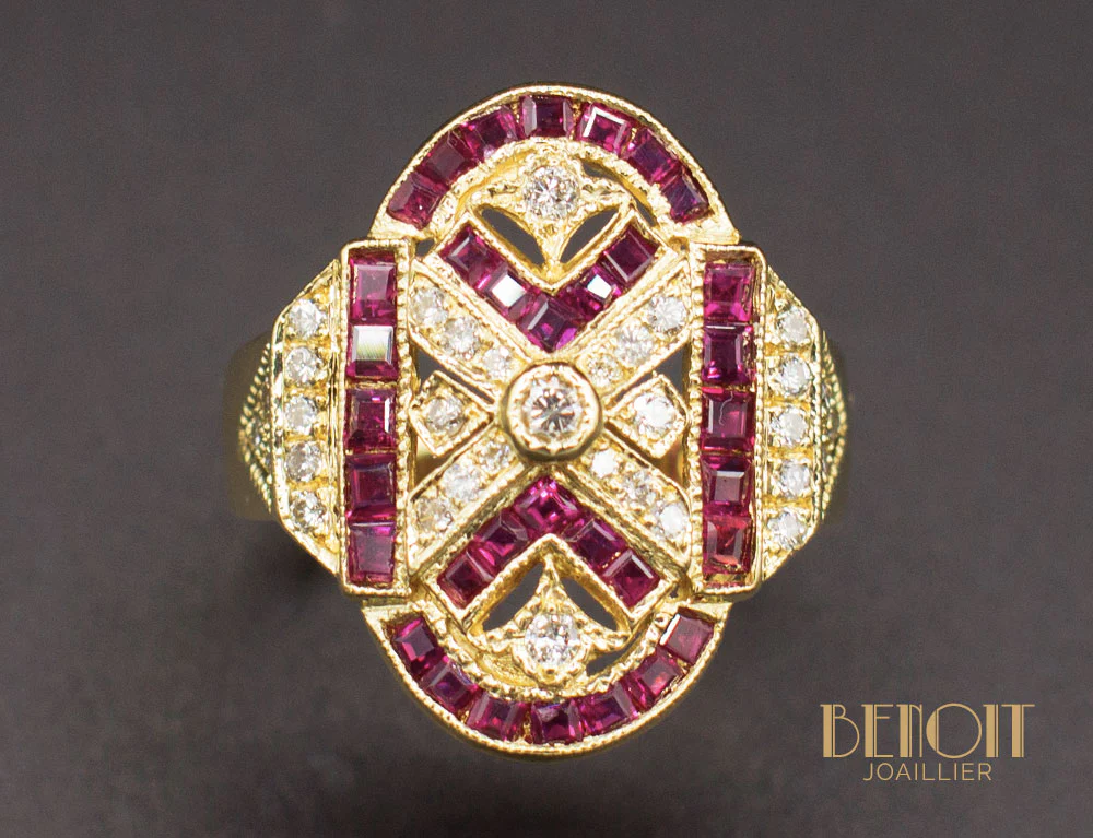 Bague Style Art Déco Rubis Diamants - Image 3