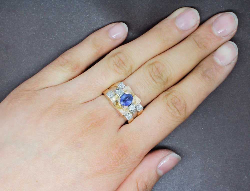 Bague Tank Or Jaune Platine Saphir et Diamants - Image 5