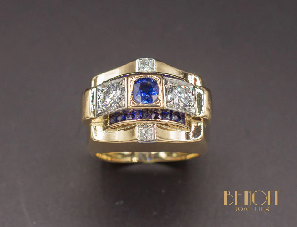 Bague Tank Or Jaune Saphirs et Diamants - Image 2