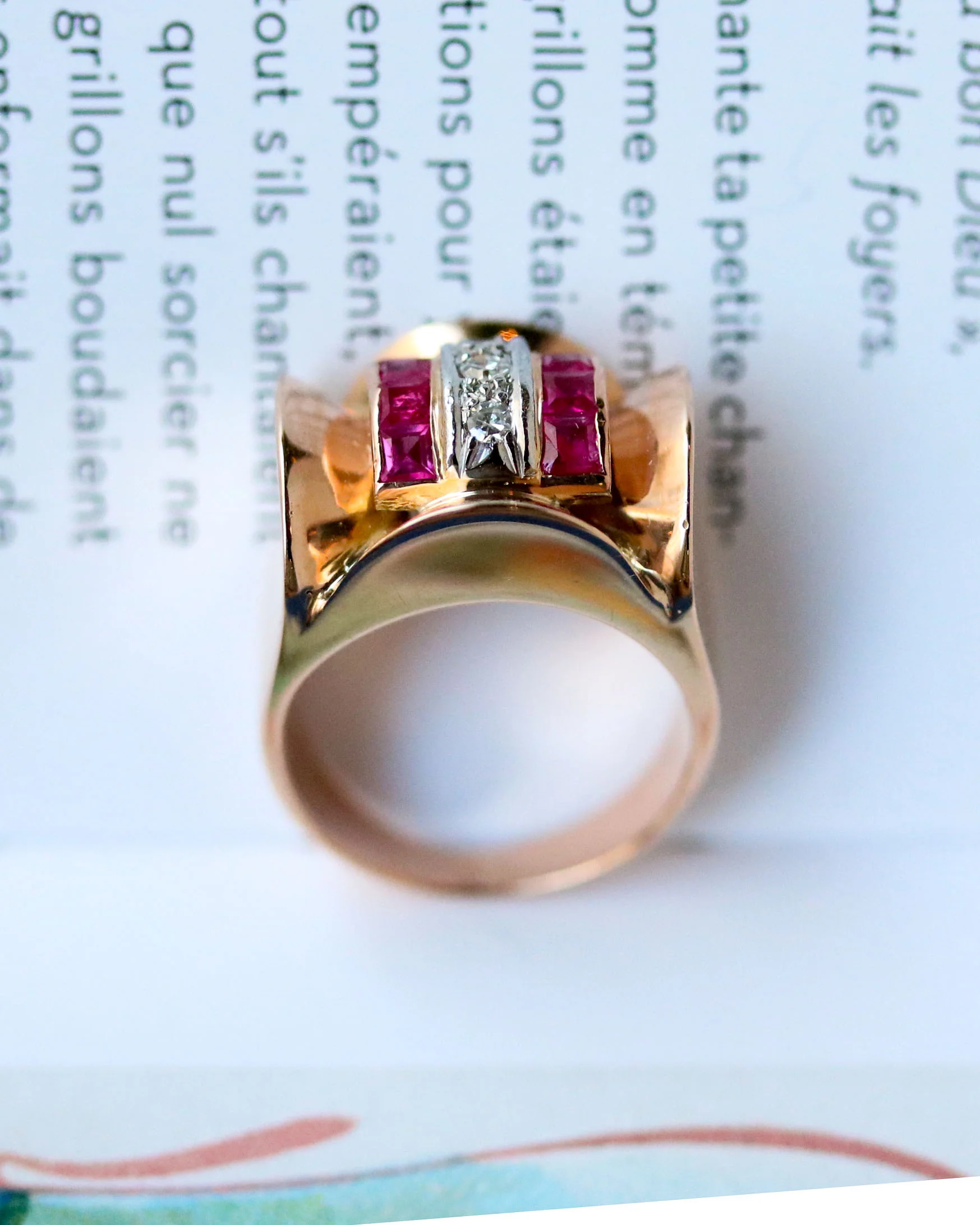 Bague Tank Or Rose Diamants et Rubis Verneuils