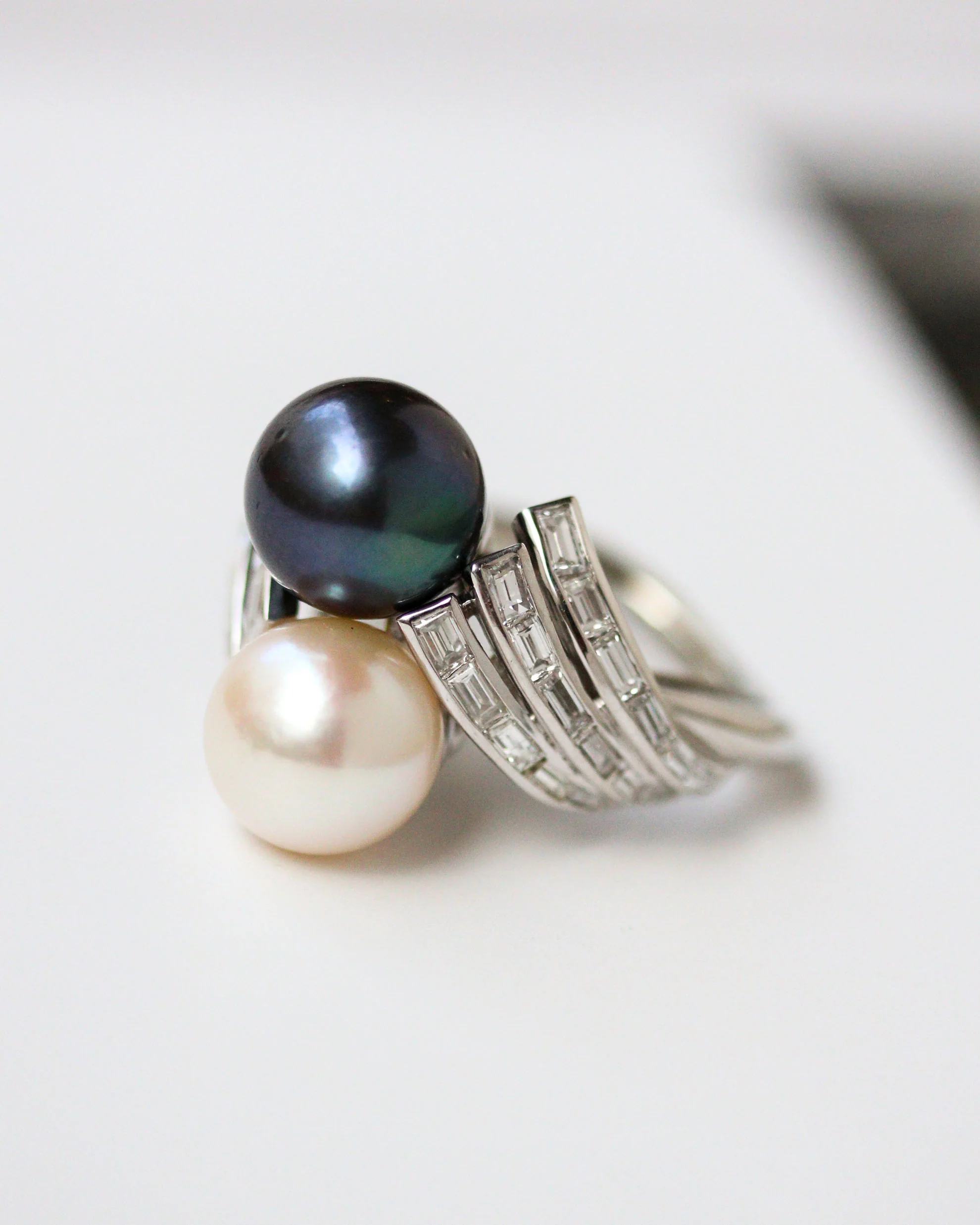 Bague Toi et Moi Platine, Perles et Diamants Baguette