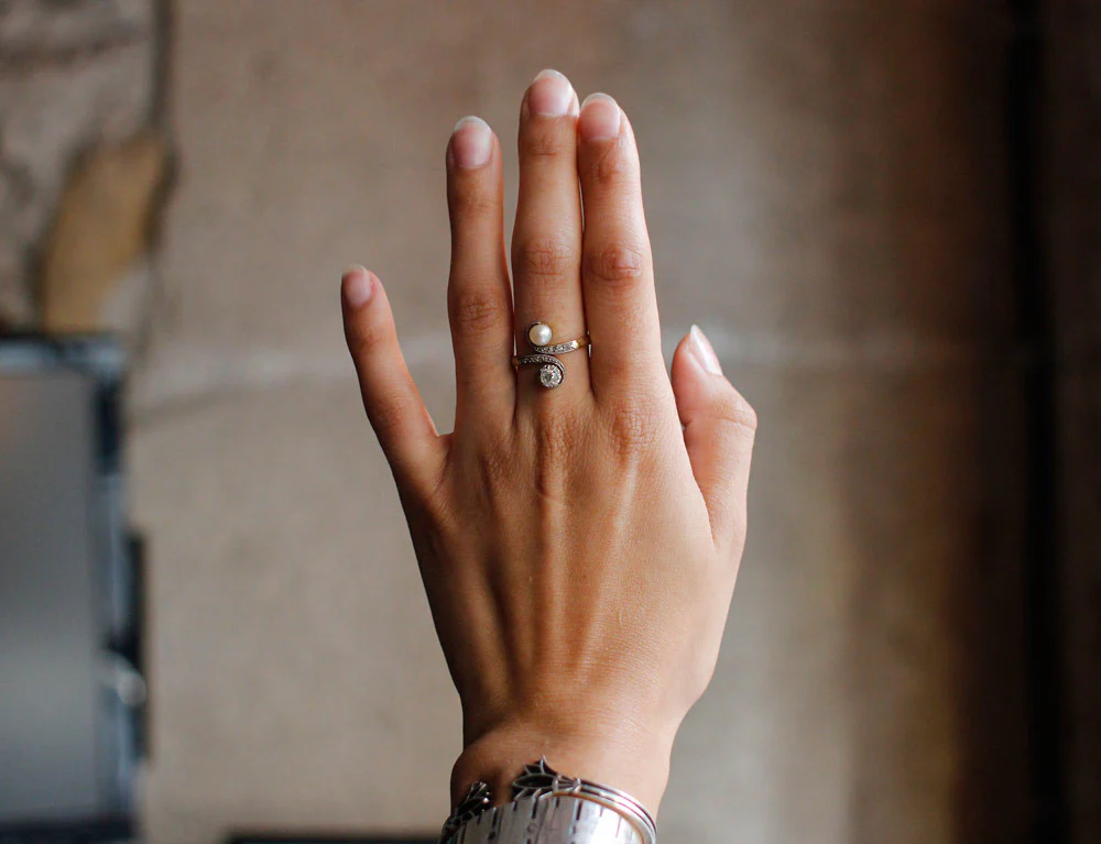 Bague Toi et Moi Perle Fine et Diamant - Image 6