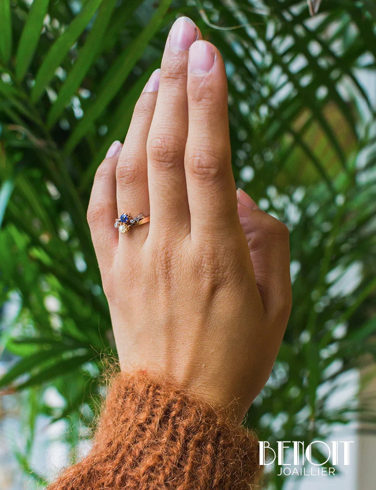 Bague Toi et Moi Perle Saphir XIXe - Image 7