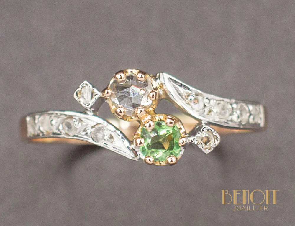 Bague Toi et Moi XIXe Tourmaline Diamant - Image 3