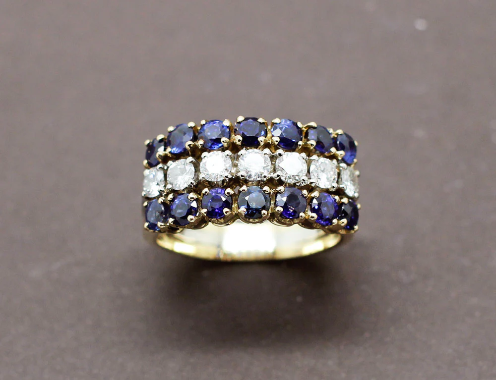 Bague Trois Rangs Diamants Saphirs - Image 2