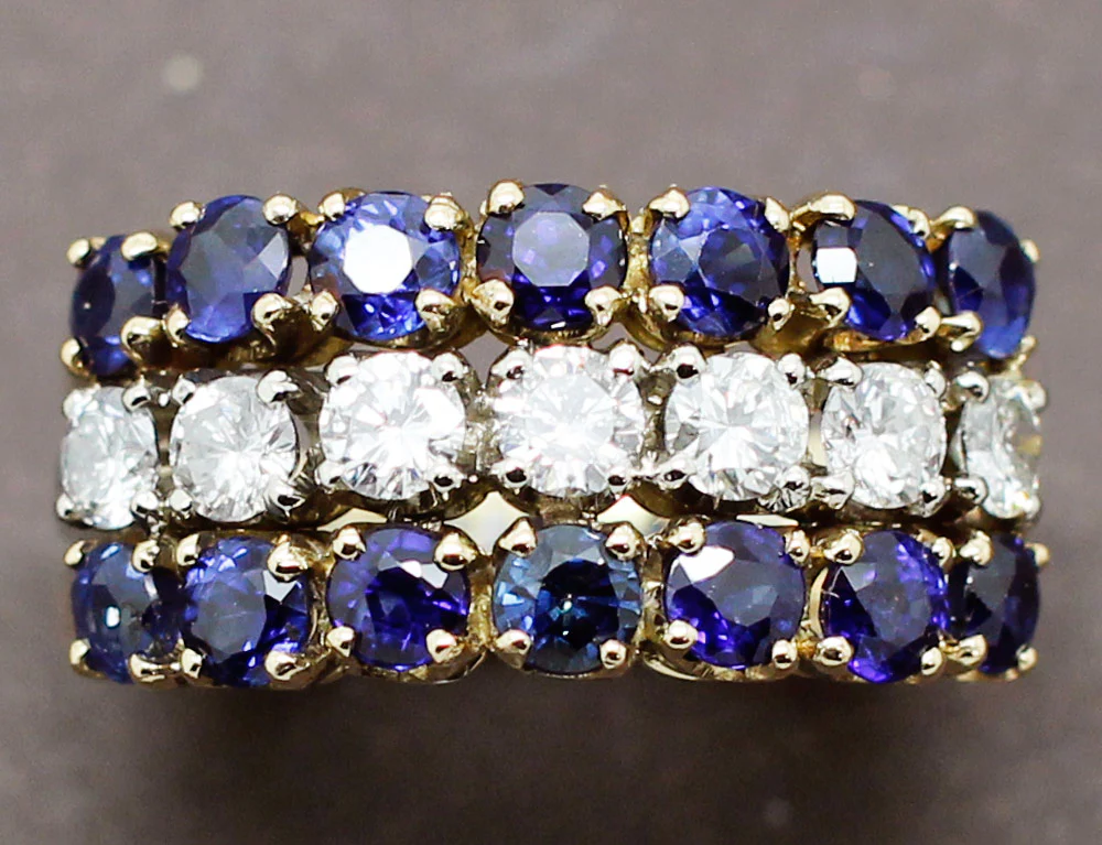 Bague Trois Rangs Diamants Saphirs - Image 3
