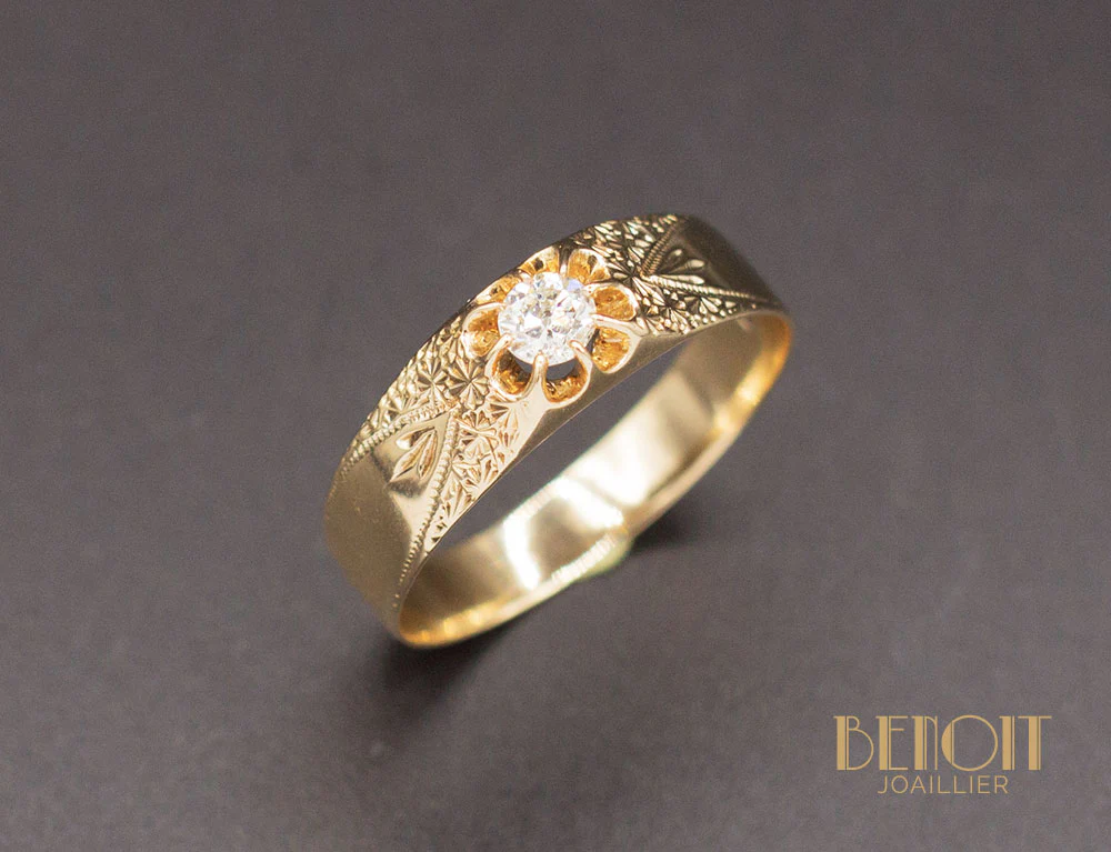 Bague XIXe Diamant Gravures