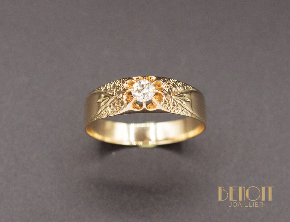 Bague XIXe Diamant Gravures - Image 2
