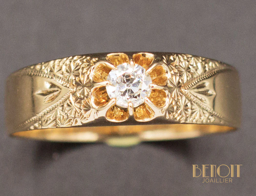 Bague XIXe Diamant Gravures - Image 3