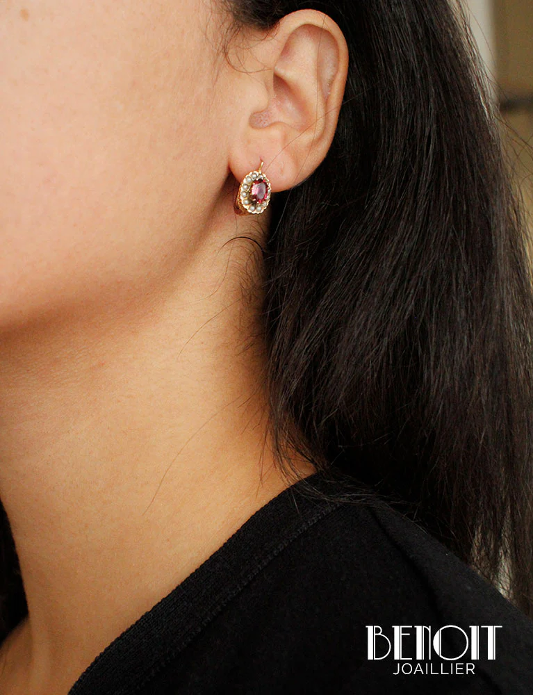 Boucles d'Oreilles fin XIXe Grenats Perles - Image 4