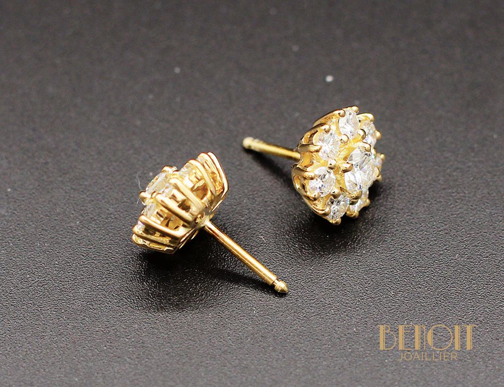 Boucles d'Oreilles Fleurs Diamants Or Jaune - Image 3