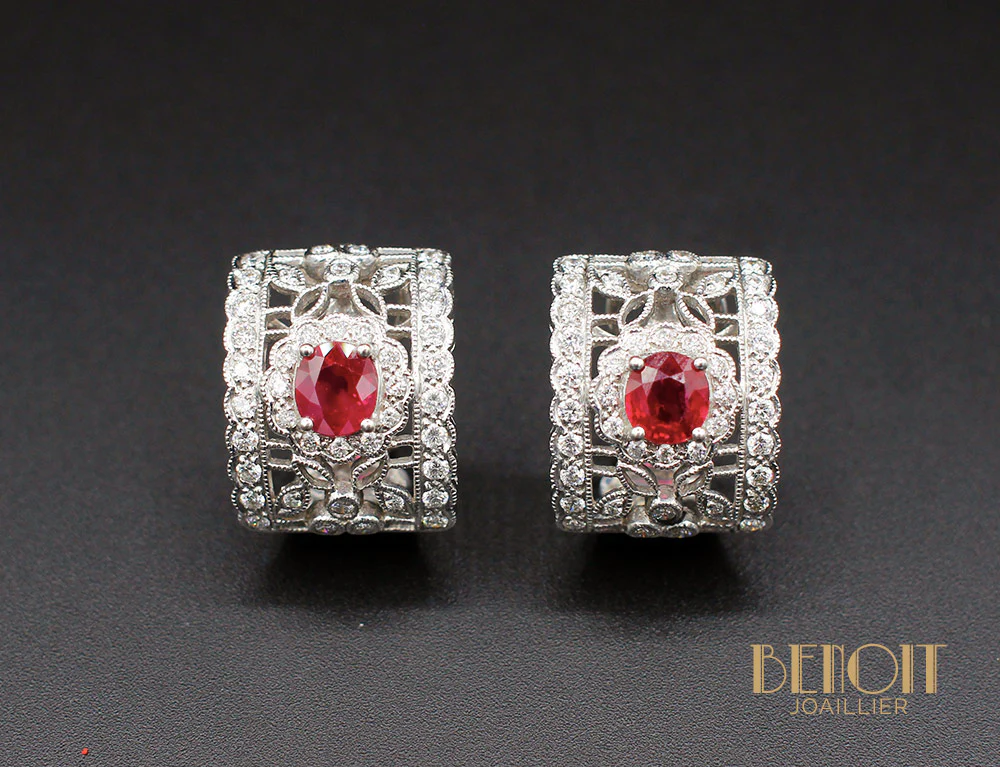 Boucles d'Oreilles Style Art Déco Rubis Diamants