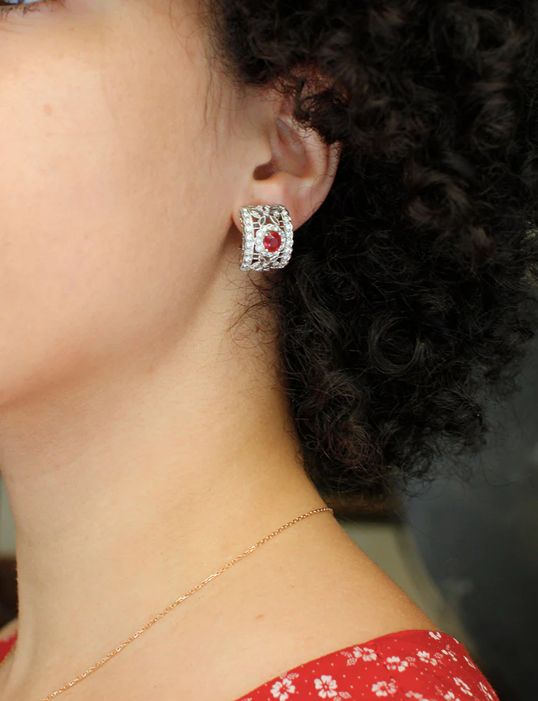 Boucles d'Oreilles Style Art Déco Rubis Diamants - Image 5