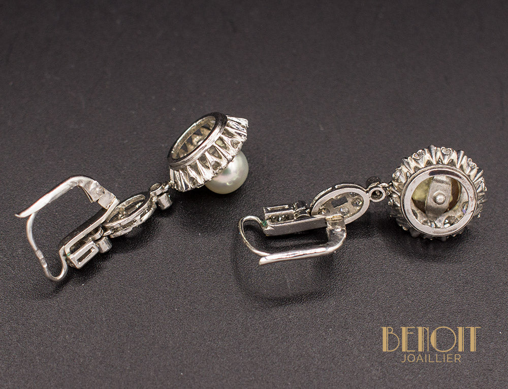 Boucles Pendantes Art Déco Diamants Perles - Image 3