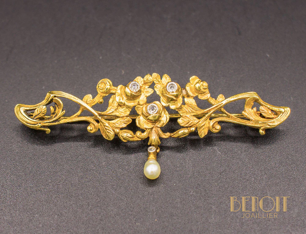 Broche Art Nouveau Diamants Perles