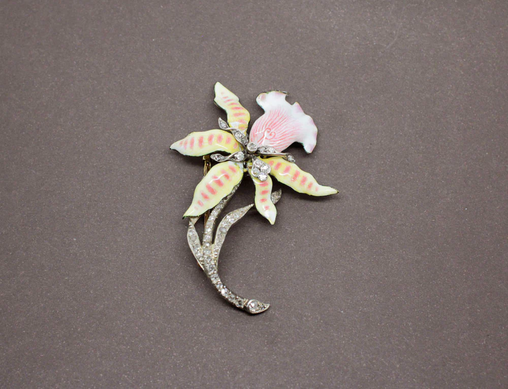 Broche Art Nouveau Orchidée Email et Diamants