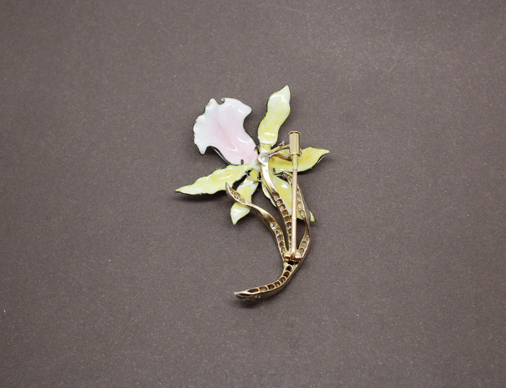 Broche Art Nouveau Orchidée Email et Diamants - Image 3
