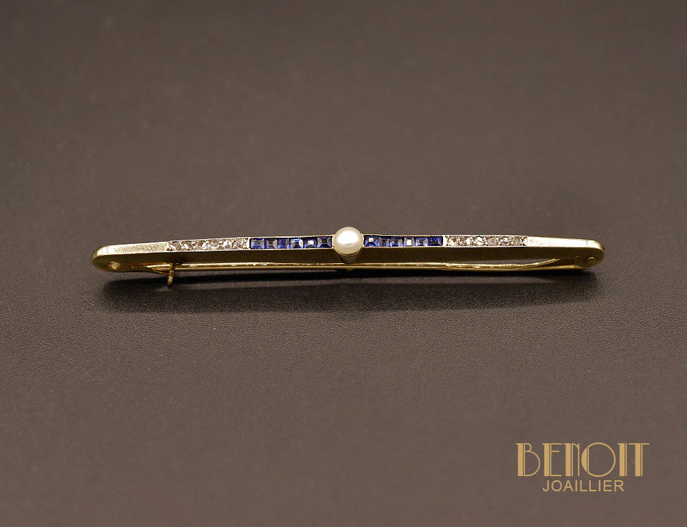 Broche Barrette Art Déco Perle Fine, Saphirs et Diamants - Image 2