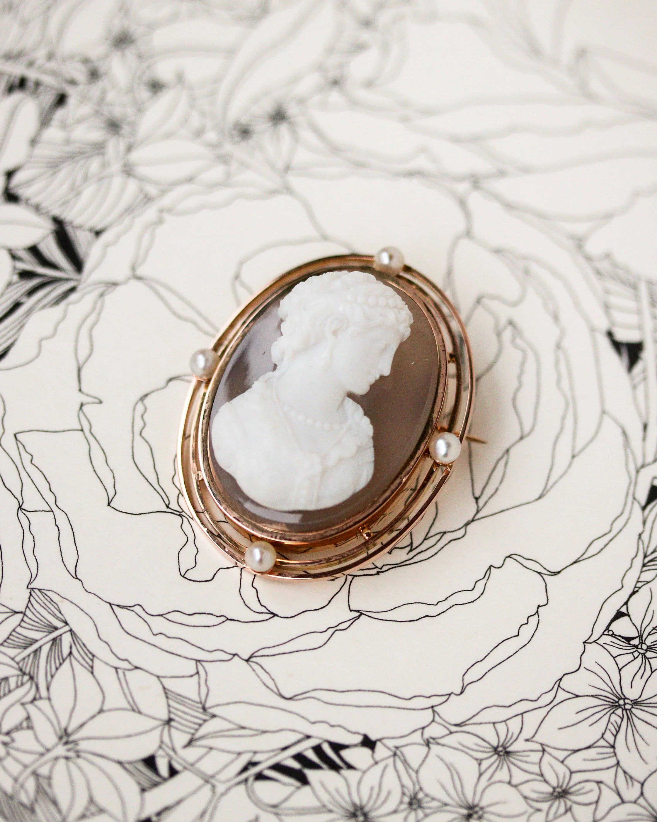 Broche Camée Agate et Perles et Or Rose - Image 4