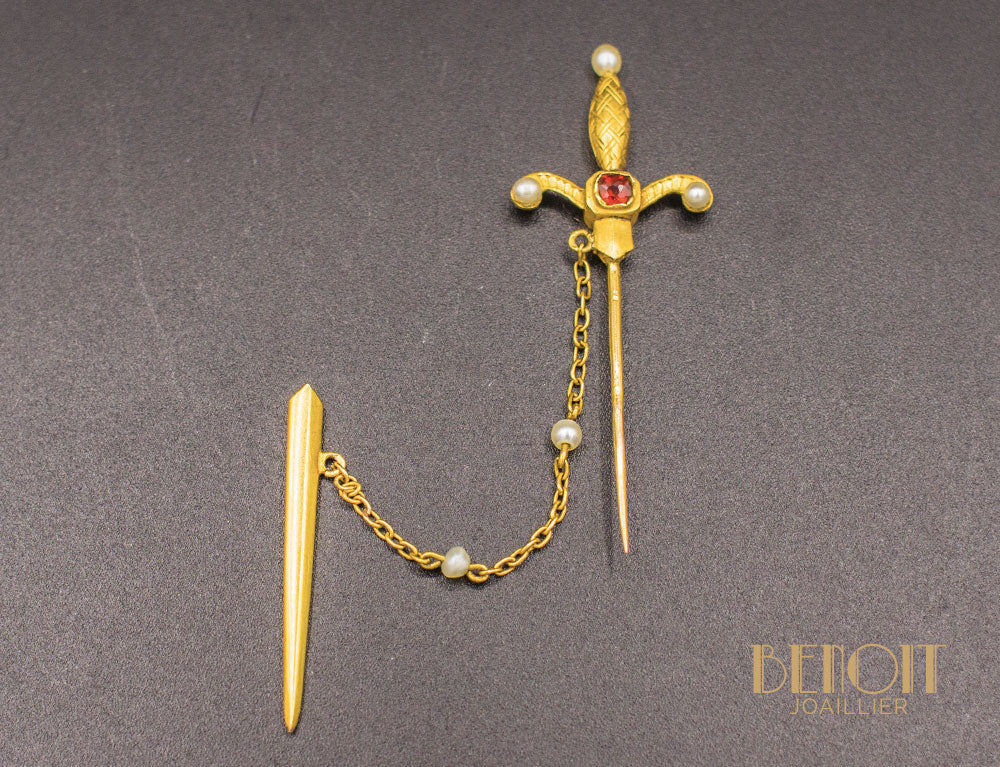 Broche Épée Or Grenat et Perles Fines - Image 2