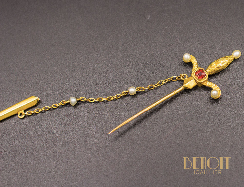 Broche Épée Or Grenat et Perles Fines - Image 4