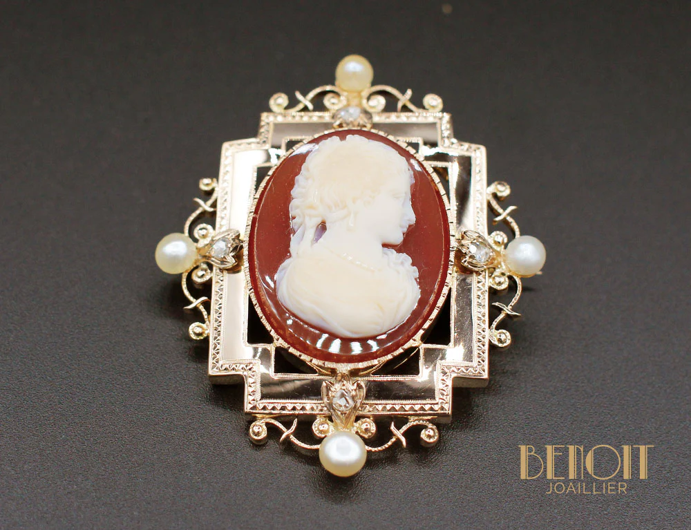 Broche Pendentif Camée Perles Fines