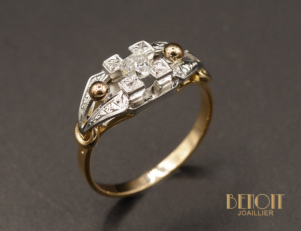 Bague Art Déco Or rose et Platine Diamant